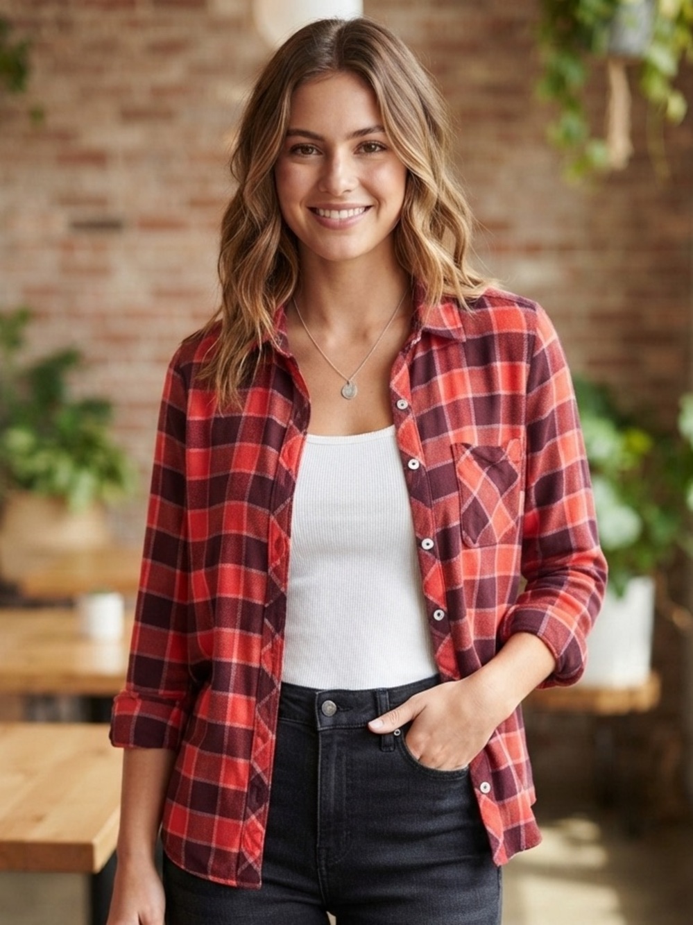 AERIE Plaid Flannel Pajama Shirt M 22.5” p2p Red/Burgundy